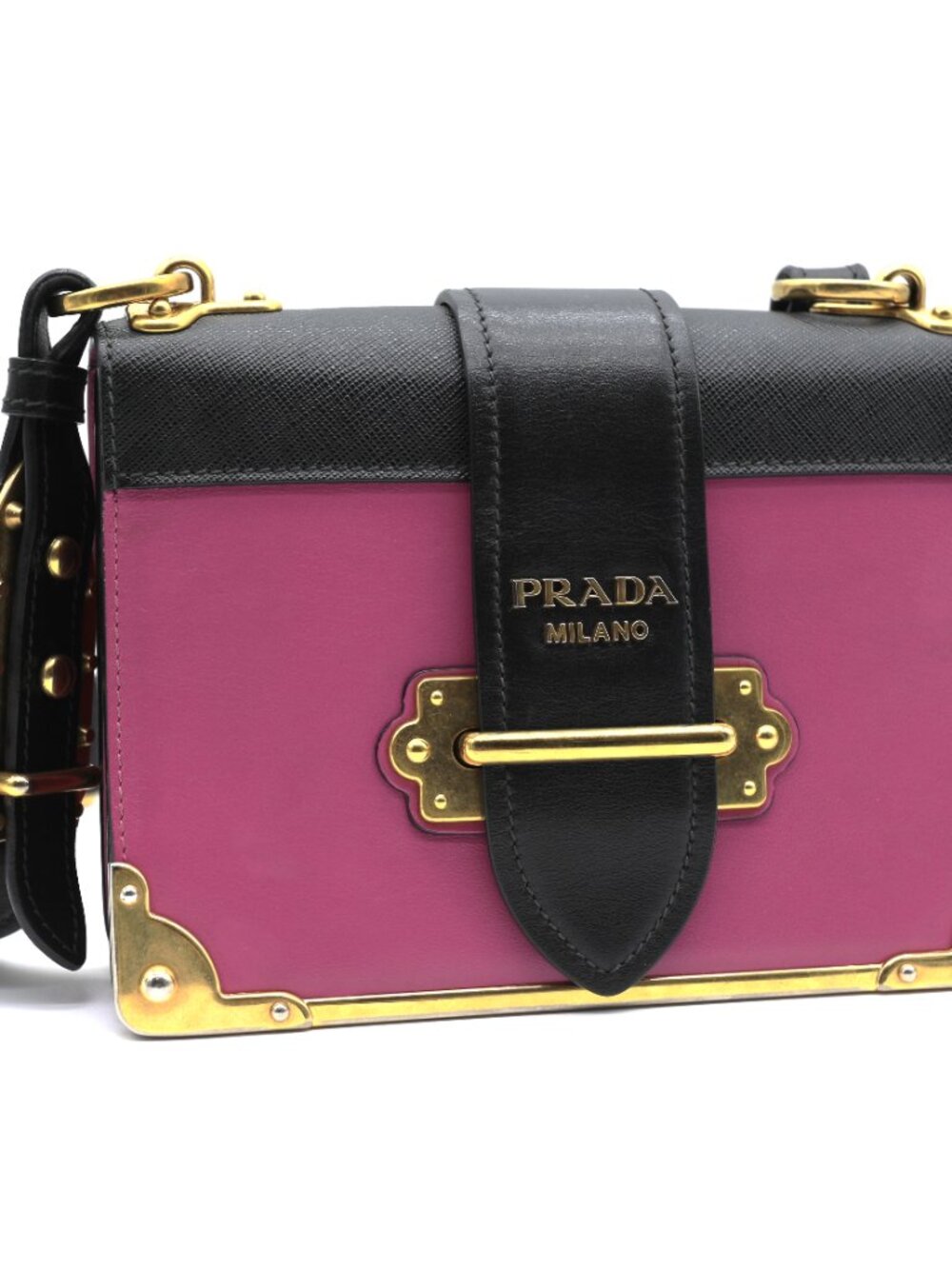 Prada Cahier City Pink Black Saffiano Leather Gold Hardware Shoulder Bag